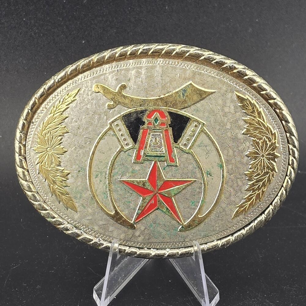 Vintage Shriner Masonic Logo Belt Buckle Freemasons Oval Heavy 3.5”